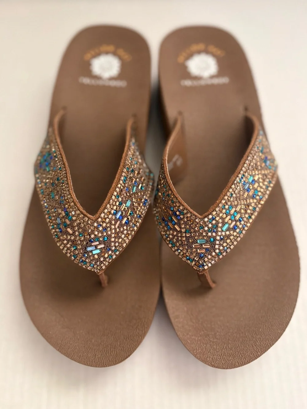 Yellow Box Penny flatform sandals blue & gold beaded detailing leather strap 8.5 - Picture 4 of 8